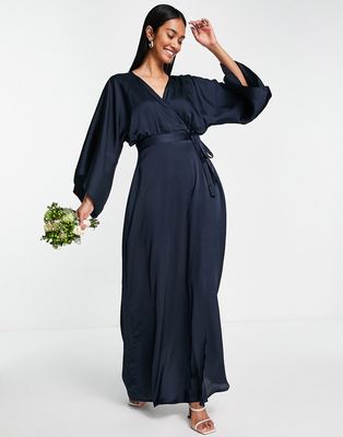 TFNC Bridesmaid kimono sleeve satin wrap maxi dress in navy