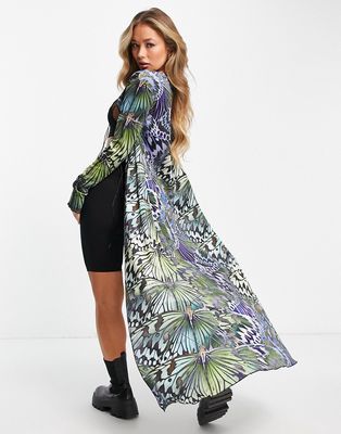 Jaded London 90s maxi kimono with tie front in velvet mix butterfly print-Multi