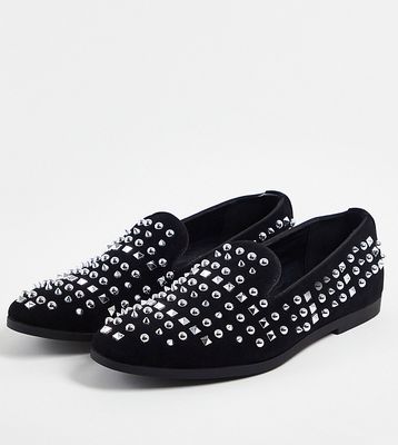 Truffle Collection wide fit studded slipper loafers in black faux leather