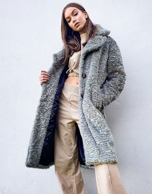 Object longline faux fur coat in texture gray pattern-Grey