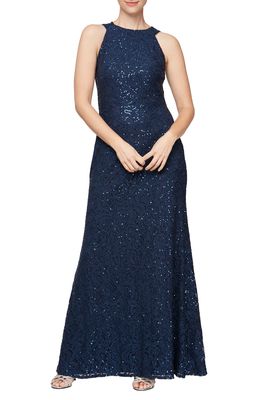 Alex & Eve Sequin & Lace Drape Back Gown in Navy