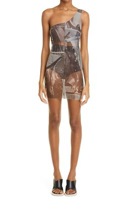 ELLISS Float Print One-Shoulder Stretch Recycled Polyester Mesh Minidress in Beige Multi