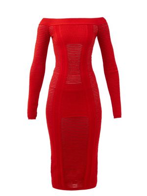 Balmain - Cutout-rib Off-the-shoulder Knitted Dress - Womens - Red