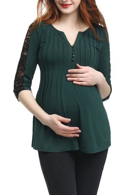 Kimi and Kai Lucy Lace Accent Pleated Maternity Top in Forrest Green