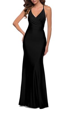 La Femme Wrap Front Strappy Back Jersey Gown in Black
