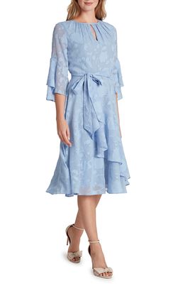 TAHARI Floral Fil Coupe Chiffon Dress in Chambray Blue