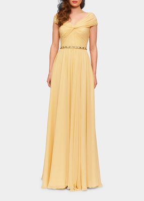 Grace Off-the-Shoulder Belted Chiffon Gown