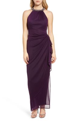 Alex Evenings Embellished Ruched Column Gown in Eggplant