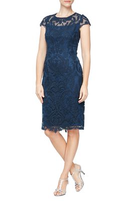 Alex Evenings Embroidered Mesh Cocktail Dress in Navy