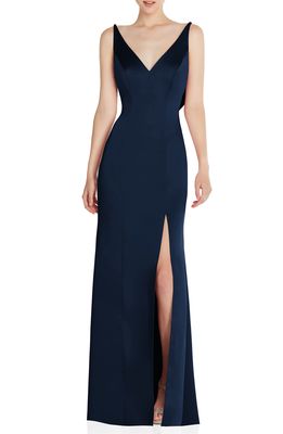 After Six Cowl Back Charmeuse Gown in Midnight Navy