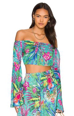 Luli Fama Laced Up Off The Shoulder Crop Blouse in Green