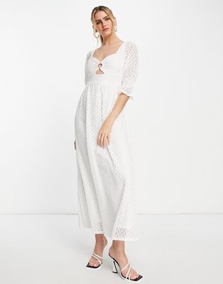 Vila eyelet maxi dress with cut out front in white