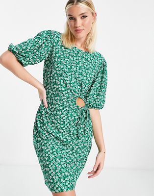 Wednesday's Girl cut out detail mini jersey T-shirt dress in green ditsy floral