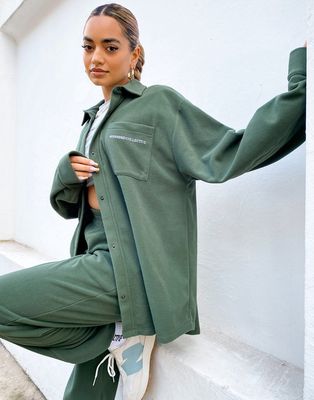 ASOS Weekend Collective fleece shacket with logo in khaki - part of a set-Green