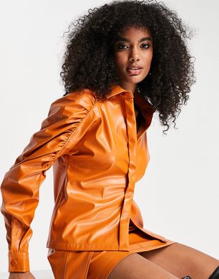 Amy Lynn PU shirt with extreme sleeve detailing in tangerine - part of a set-Orange