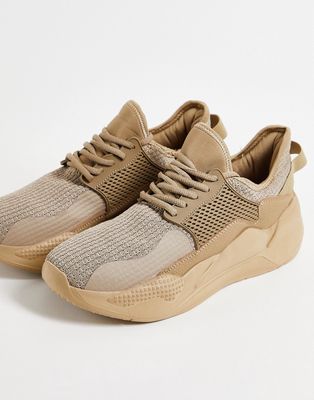 Brave Soul knitted mix runner sneakers in sand-Neutral