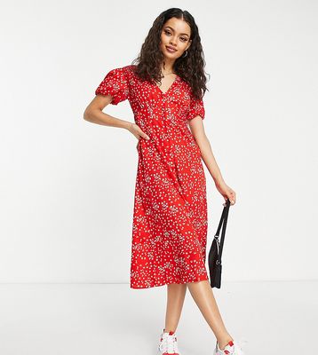 Influence Petite puff sleeve midi dress in red floral print
