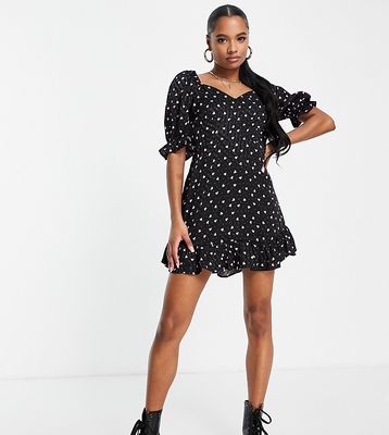Topshop Petite sweetheart neck dress in heart jacquard print-Black
