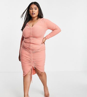 Club L London Plus ruched front long-sleeve dress in rose-Pink