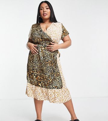 Vila Curve Exclusive midi wrap dress in mixed floral and leopard print-Multi