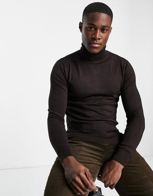 Gianni Feraud premium muscle fit stretch roll neck fine gauge sweater in dark brown
