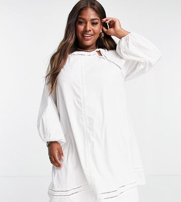 Fashion Union Plus mini smock dress in cotton with drawstring neck-White