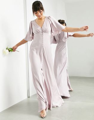 ASOS EDITION satin flutter sleeve maxi dress with button front in pale lavender-Purple