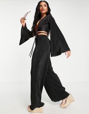 South Beach plisse oversized beach pant in black - part of a set