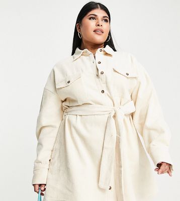 In The Style Plus x Perrie Sian corduroy belted shirt dress in cream-White