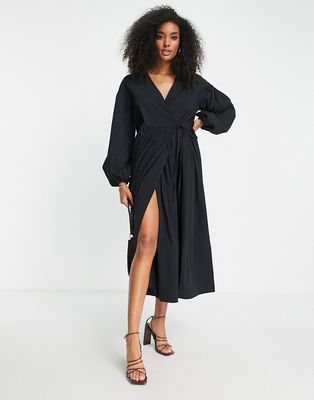 ASOS EDITION oversized wrap smock dress with blouson sleeves in black