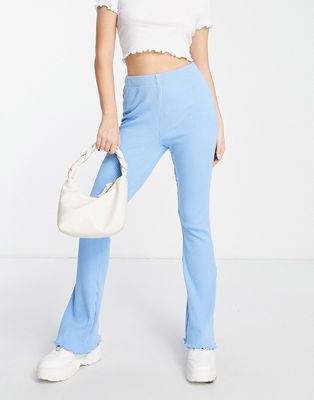 Pieces ribbed lettuce edge flared pants in blue - part of a set