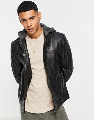 Barneys Originals leather jacket with jersey hood in black