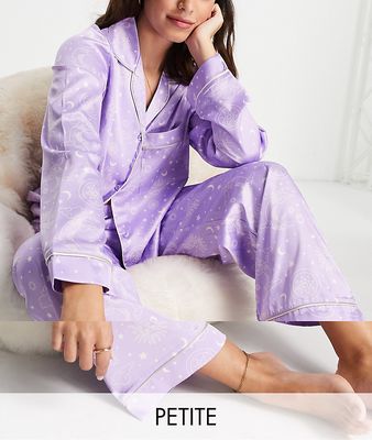The Wellness Project x Chelsea Peers Petite satin long pajamas in lilac celestial print-Purple