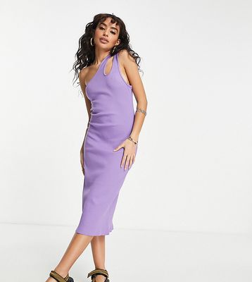 ASOS DESIGN Petite ribbed midi dress with cut out one shoulder in violet-Purple