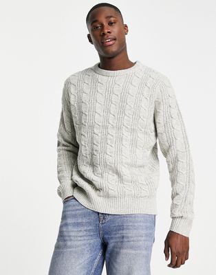 French Connection cable crew neck sweater in light gray-White