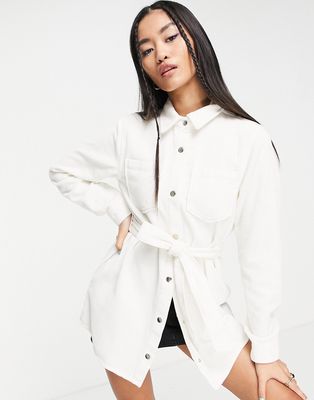 Miss Selfridge cord belted shirt in cream-White