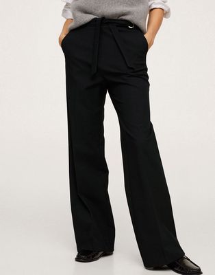 Mango tailored pants with waist tie detail in black