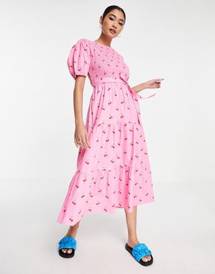 Neon Rose shirred top tiered midi tea dress with tie back in pink cherry print