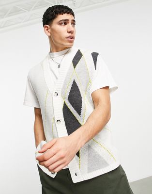 Topman knitted button through tank with argyle print in gray