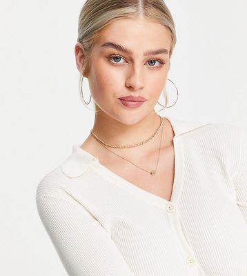 Threadbare Petite Imogen cropped knitted polo top in off white