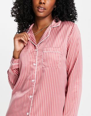 Loungeable satin pajama shirt in dark pink and cream pinstripe - part of a set