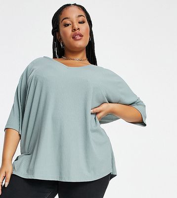 ASOS DESIGN Curve oversized top with v neck in rib in sage-Green