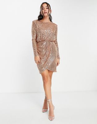 Ever New wrap front sequin mini dress in soft gold-Brown