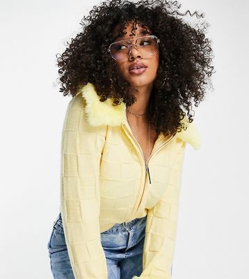 ASOS DESIGN Curve fur trim cardigan with checkerboard stitch in yellow