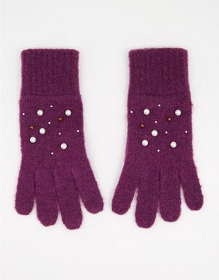 Boardmans knitted crystal pearl gloves in berry-Red
