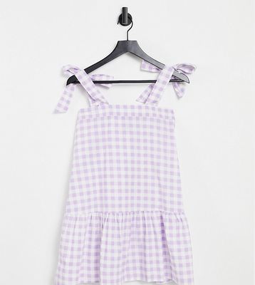 Influence Petite tie strap mini dress in lilac gingham-Purple