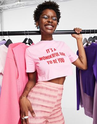 Noisy May jersey short sleeve baby tee with slogan in pink