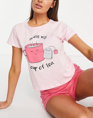 Brave Soul cup of tea short pajama set in pink
