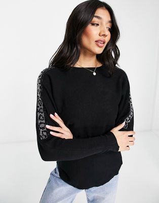QED London leopard sleeve sweater in black