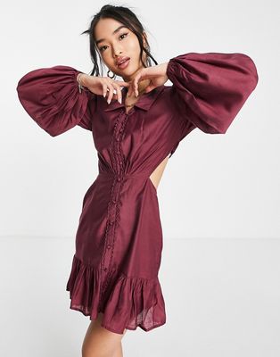 ASOS DESIGN voile cut-out mini dress with button front and collar detail in burgundy-Blue